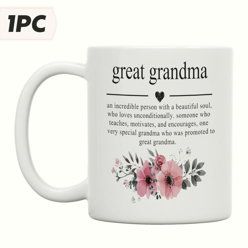 Tailorly White Ceramic 11 oz Mug - Great Grandma Watercolor Pink Blossoms Among Elegant Green Leaves And Heart Mug