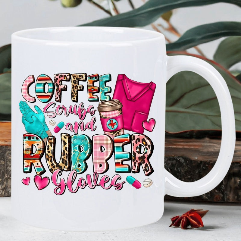 Tailorly White Ceramic 11 oz Mug - Coffee Scrubs And Rubber Gloves Decorative Pink Scrubs With Leopard Print Patterns And Medical Icons Nurse