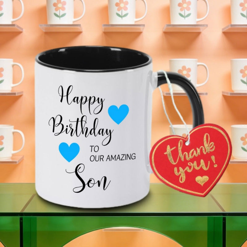 Tailorly Black Accent 11 oz Mug - birthday to our amazing son lettering