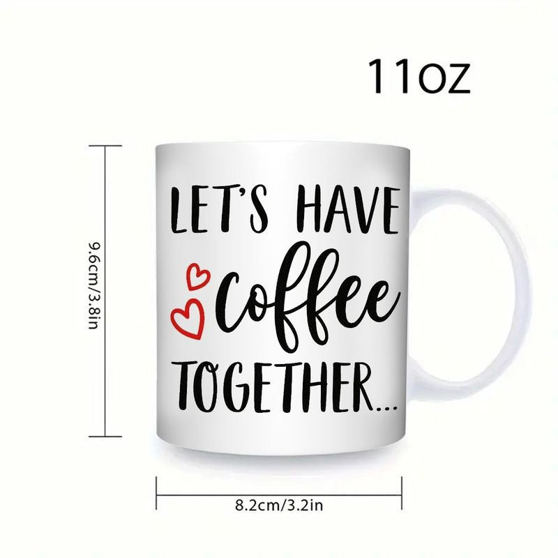 Tailorly White Ceramic 11 oz Mug - Lets Have Coffee Together Simple Minimalist Script Style With Two Small Red Heart Outlines Mug