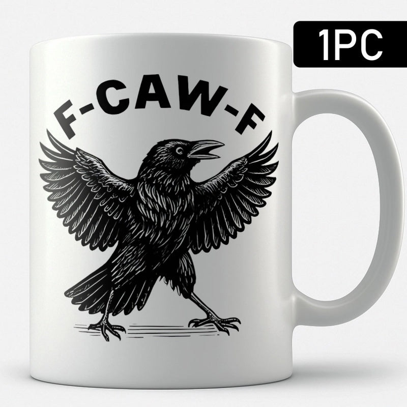 Tailorly White Ceramic 11 oz Mug - F Caw F Majestic Detailed Raven With Spread Wings Walking Forward Across Ground Raven