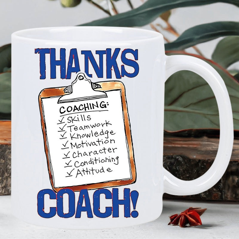 Tailorly White Ceramic 11 oz Mug - Thanks Coach Professional Sports Coaching Attributes Listed On Hand Drawn Wooden Clipboard