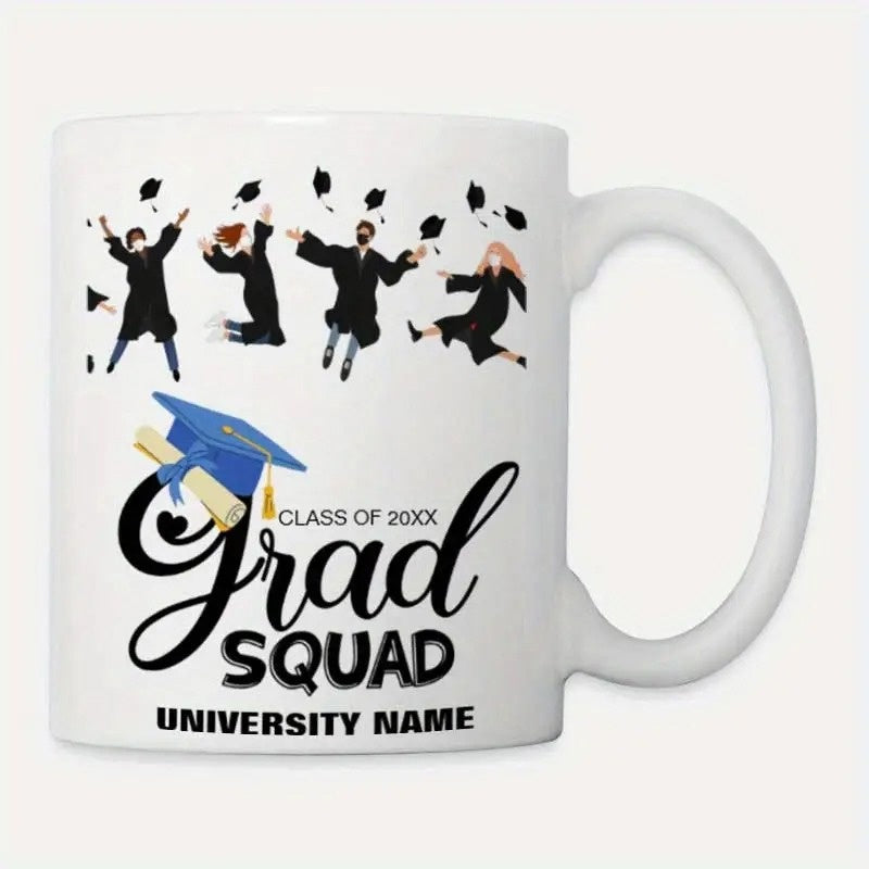 Tailorly White Ceramic 11 oz Mug - Class Of 20XX Grad Squad University Name Joyful Students Jumping High Celebrating Graduation With Mortarboard And Diploma