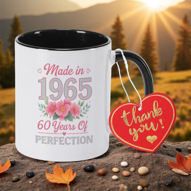 Tailorly Black Accent 11 oz Mug - 60th birthday made in 1965 text