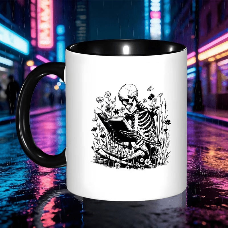 Tailorly Black Accent 11 oz Mug - funny humorous skull reading book