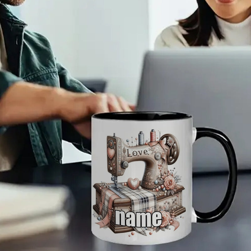 Tailorly Black Accent 11 oz Mug - customizable text vintage sewing machine cartoon anime