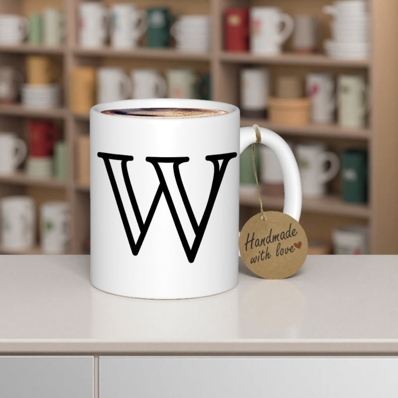 Tailorly White Ceramic 11 oz Mug - W Handmade With Love Elegant Double Lined Black Monogram On