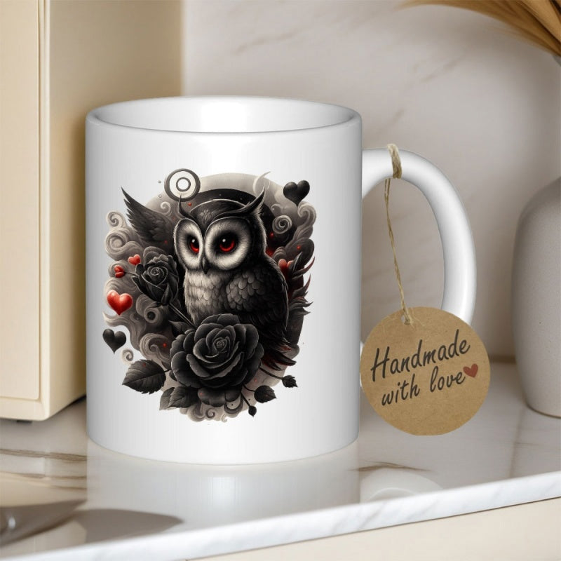 Tailorly White Ceramic 11 oz Mug - Mystical Owl With Red Eyes Perched Among Dark Rose Petals Owl