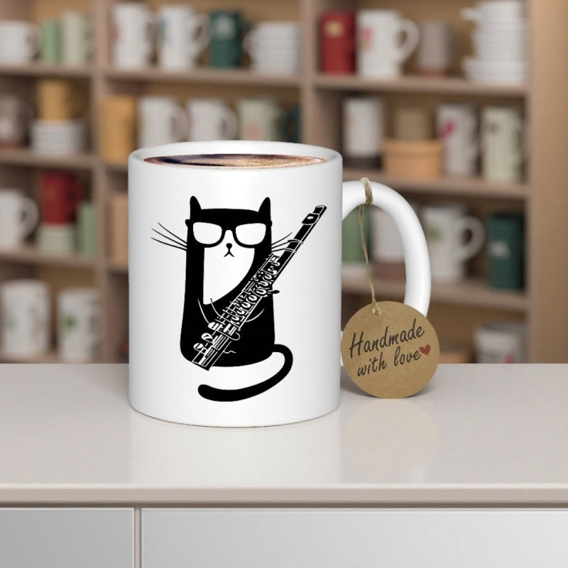 Tailorly White Ceramic 11 oz Mug - Handmade With Love Stylized Black Cartoon Feline With Sunglasses Playing A Musical Woodwind Instrument Cat