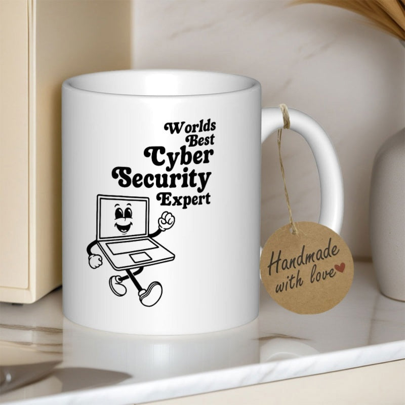 Tailorly White Ceramic 11 oz Mug - Worlds Best Cyber Security Expert Smiling Retro Cartoon Laptop Character With Animated Limbs Walking Boldly Laptop