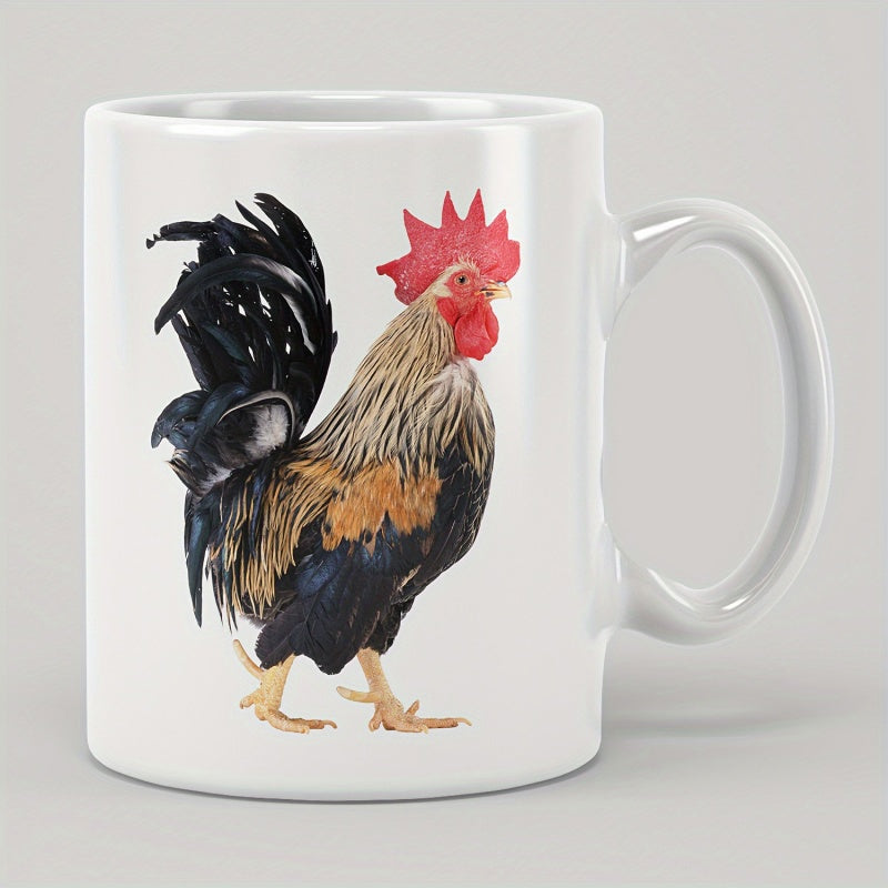 Tailorly White Ceramic 11 oz Mug - Detailed Countryside Farm Animal Standing With Colorful Feathers On White Background Rooster