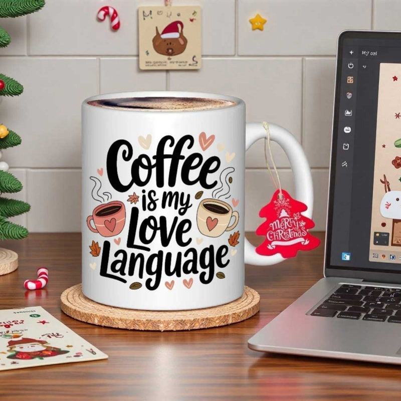Tailorly White Ceramic 11 oz Mug - Coffee Is My Love Language Steaming Cups With Small Hearts And Scattered Coffee Beans Around Mug