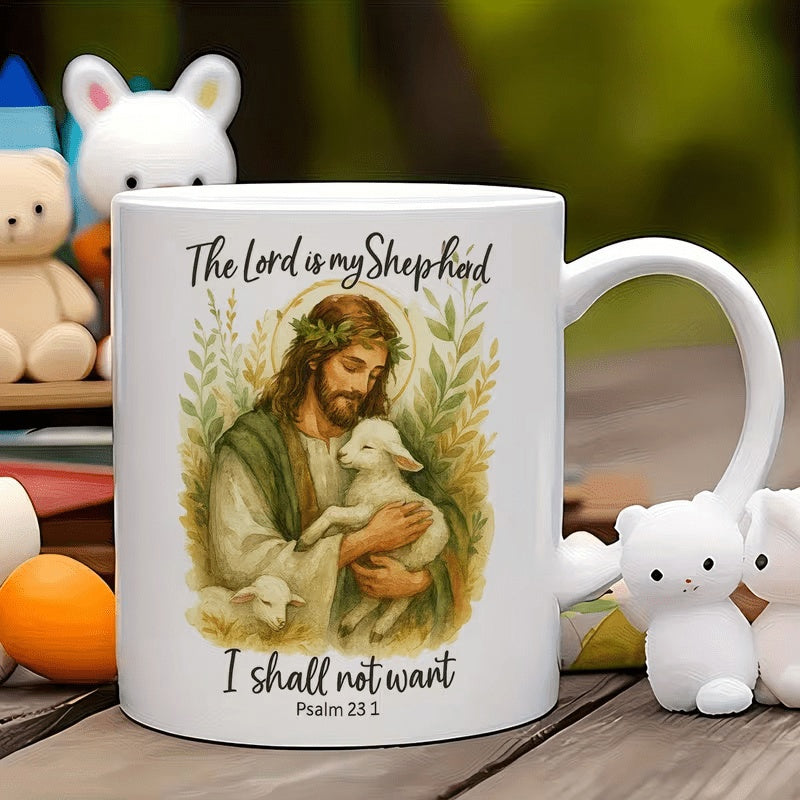 Tailorly White Ceramic 11 oz Mug - The Lord Is My Shepherd I Shall Not Want Gentle Figure Holding A Small Lamb Among Lush Green Leaves Jesus