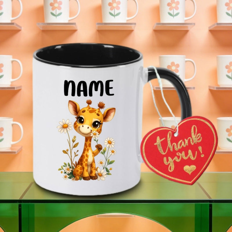 Tailorly Black Accent 11 oz Mug - a single cartoon giraffe themed printed logo