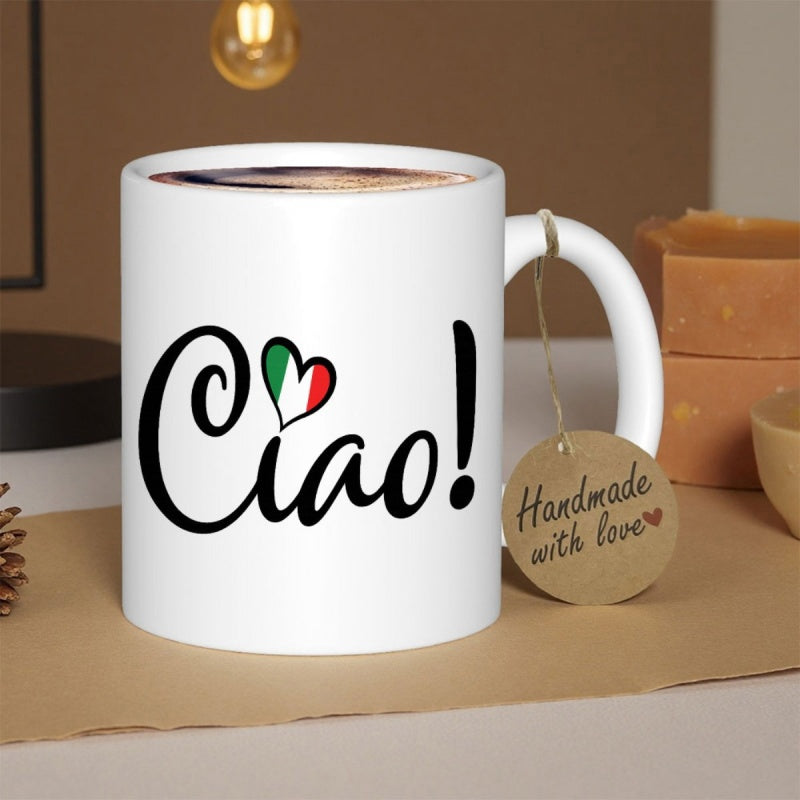 Tailorly White Ceramic 11 oz Mug - Vibrant Italian Flag Heart Symbol Centered On A