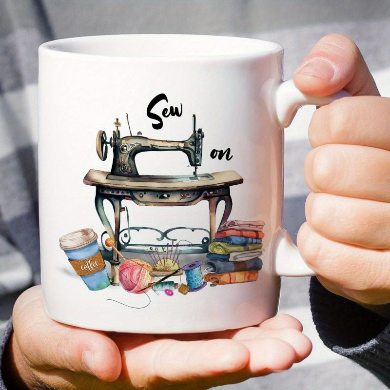 Tailorly White Ceramic 11 oz Mug - Sew On Vintage Style Illustration With Yarn Spools And Stacked Fabric Sewing Machine