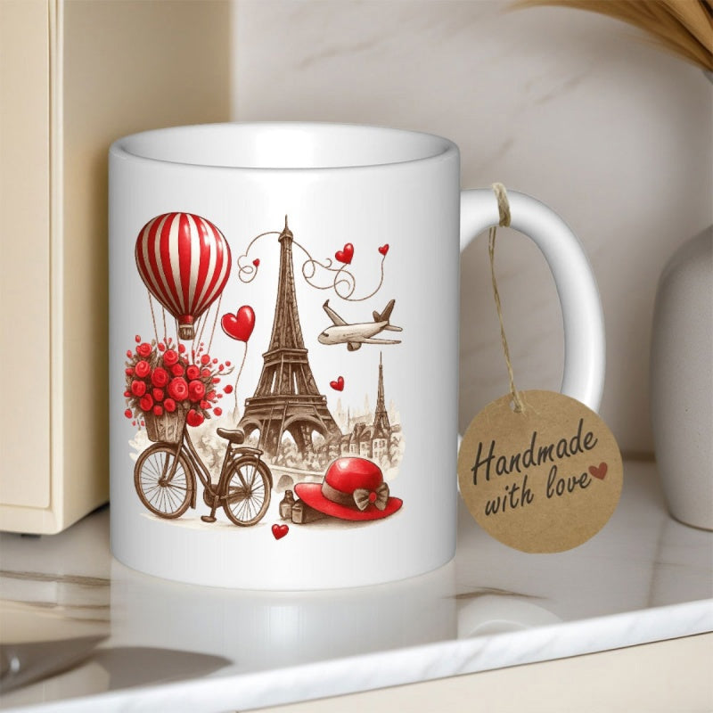 Tailorly White Ceramic 11 oz Mug - Handmade With Love Vintage Romantic Paris Elements Including Hot Air Balloon And Bicycle Eiffel Tower