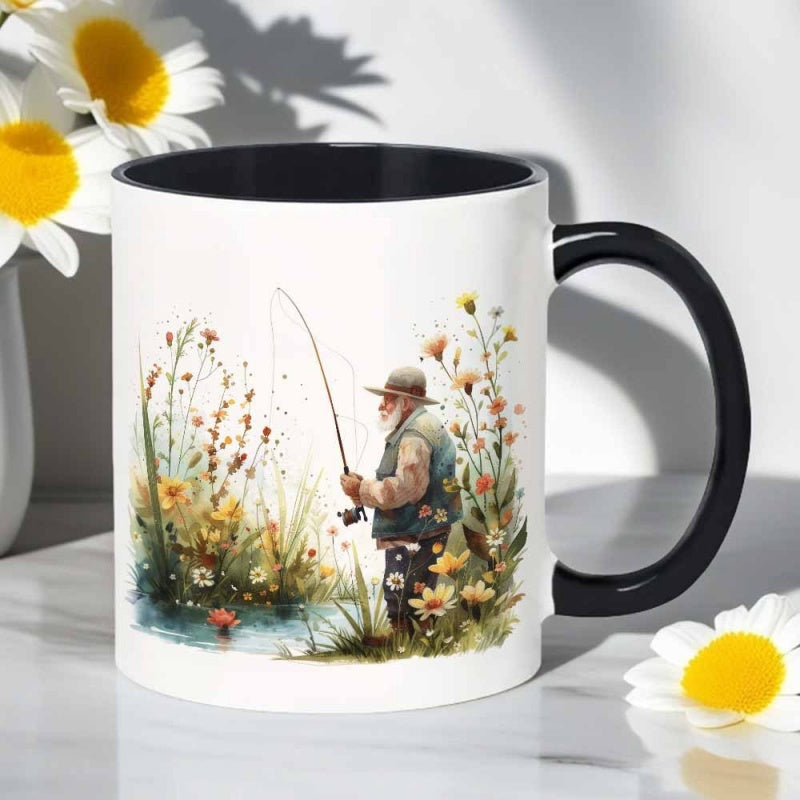 Tailorly Black Accent 11 oz Mug - watercolor fishing with vibrant elderly flower bed design