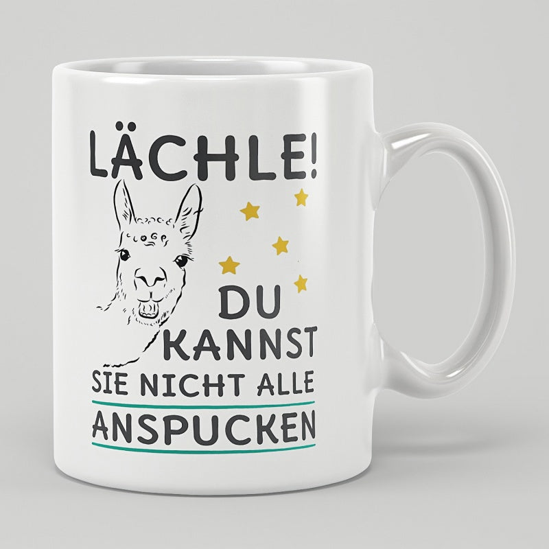 Tailorly White Ceramic 11 oz Mug - Minimalist Sketch Of A Smiling Animal Among Small Golden Stars Llama