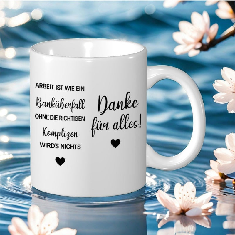 Tailorly White Ceramic 11 oz Mug - Minimalist White Background Featuring Script Font And Small Black Heart