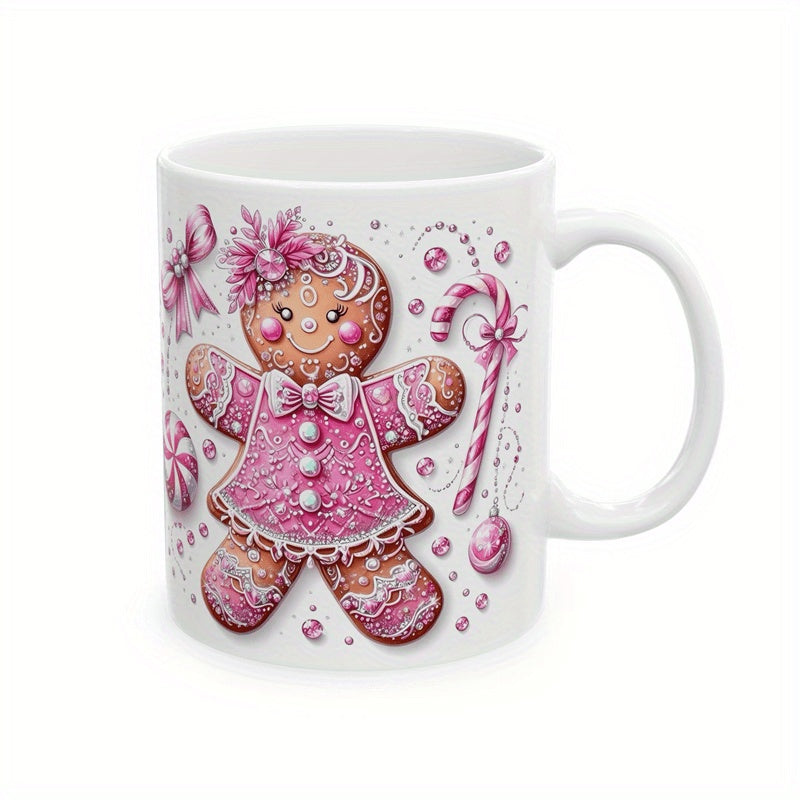 Tailorly White Ceramic 11 oz Mug - Sweet Pink Festive Holiday Patterns With Candy Cane And Bows Gingerbread Girl