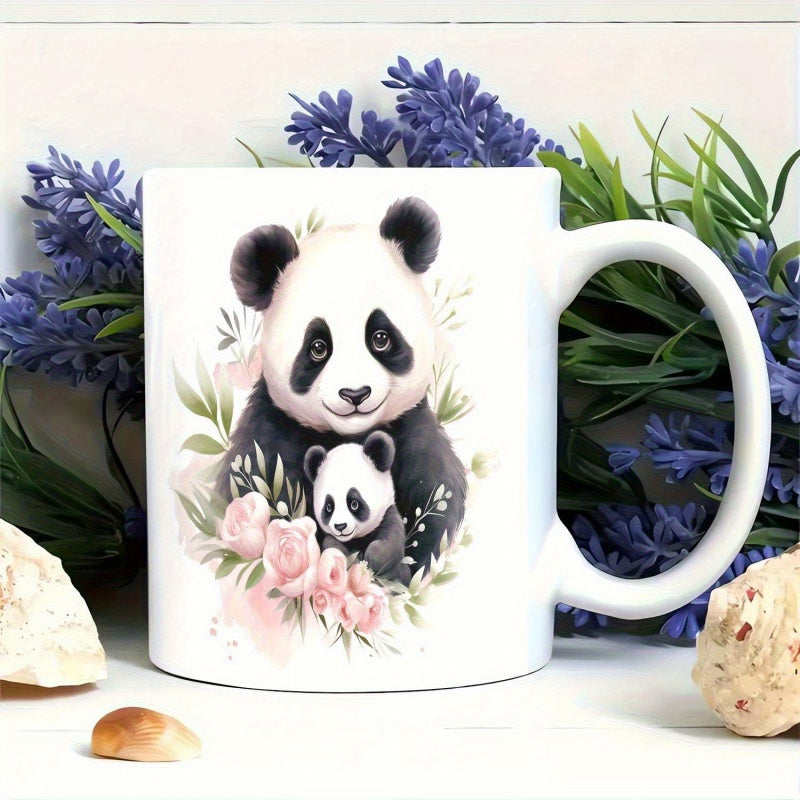 Tailorly White Ceramic 11 oz Mug - Watercolor Illustration Mother And Baby Surrounded By Soft Pink Roses Panda