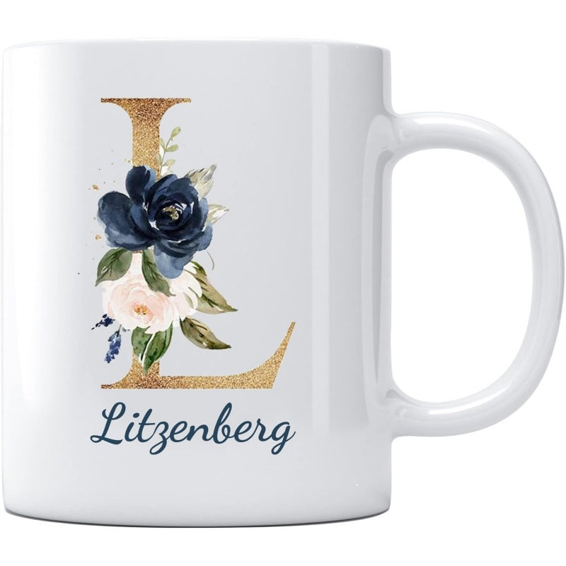 Tailorly White Ceramic 11 oz Mug - Litzenberg Elegant Golden Letter Decorated With Navy Blue And Pink Roses Among Greenery Alphabet