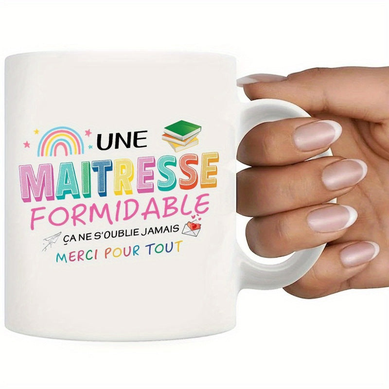 Tailorly White Ceramic 11 oz Mug - Colorful Pastel School Icons With Stacked Books And Flying Paper Plane Rainbow