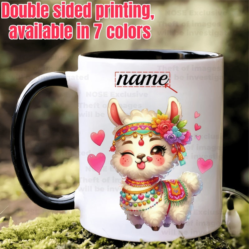 Tailorly Black Accent 11 oz Mug - alpaca themed with custom names text