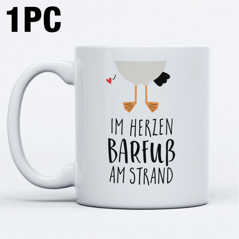 Tailorly White Ceramic 11 oz Mug - Minimalist Cartoon Coastal Bird Legs Standing With Tiny Heart On Sand Seagull