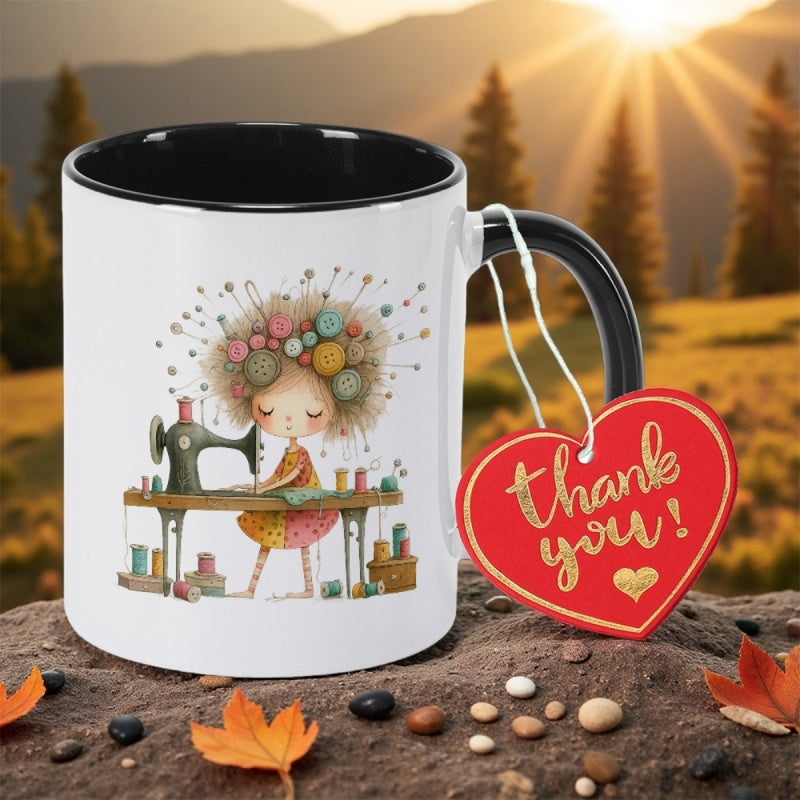Tailorly Black Accent 11 oz Mug - cute sewing girl with vintage sewing button
