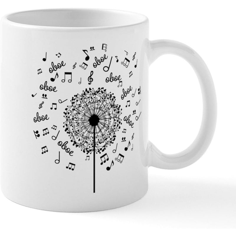 Tailorly White Ceramic 11 oz Mug - Oboe Musical Notes Floating From A Delicate Seed Head Silhouette Dandelion