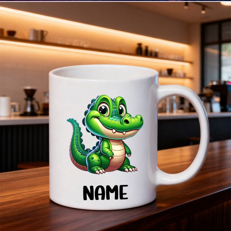 Tailorly White Ceramic 11 oz Mug - Name Adorable Tiny Green Cartoon Reptile Standing With A Cheerful Smile Alligator