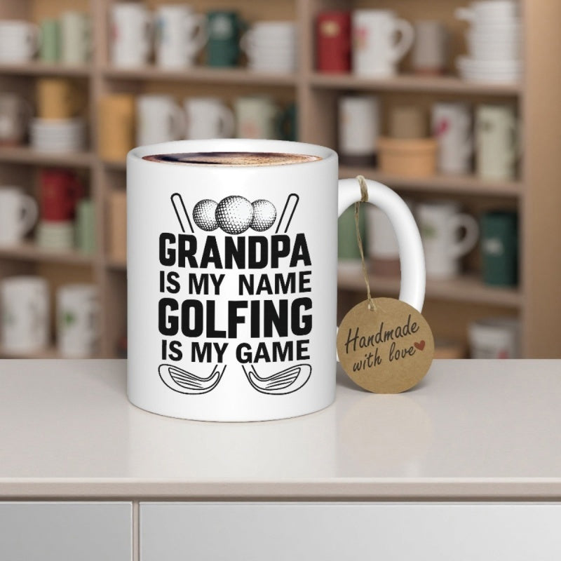 Tailorly White Ceramic 11 oz Mug - Grandpa Is My Name Golfing Is My Game Detailed Golf Balls Clubs And Tees Arranged Among Sporty Equipment Golf