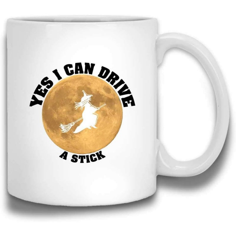 Tailorly White Ceramic 11 oz Mug - Yes I Can Drive A Stick Silhouetted Witch Flying Across A Glowing Golden Full Moon Witch