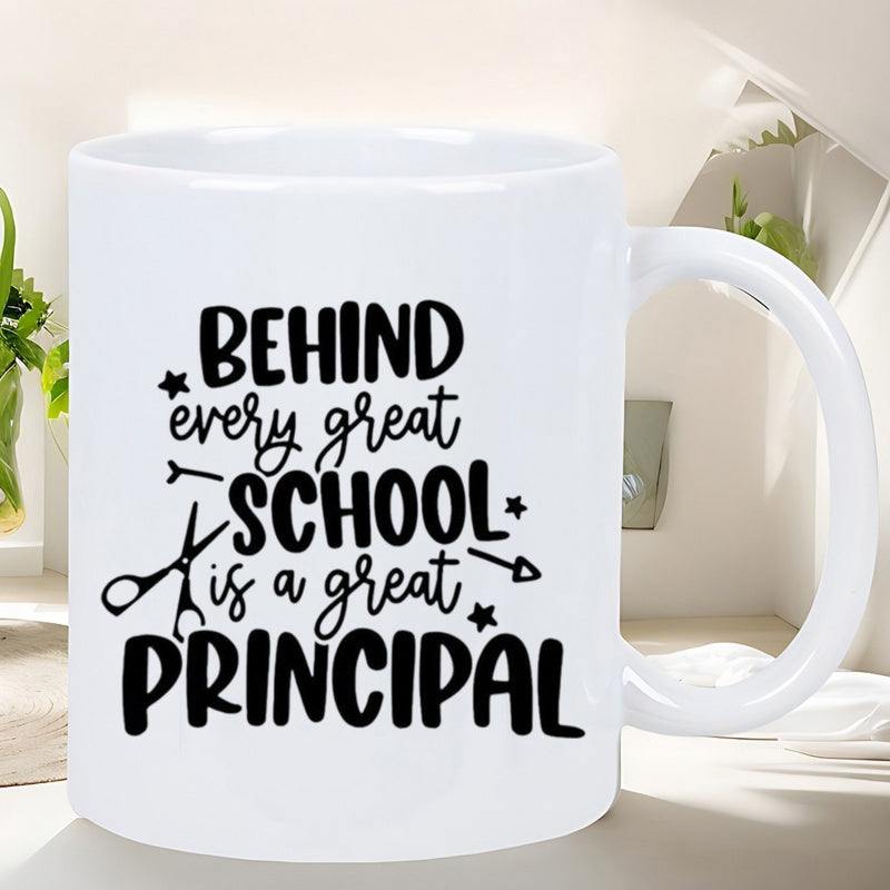 Tailorly White Ceramic 11 oz Mug - Behind Every Great School Is A Great Principal Artistic Typography Featuring Decorative Stars With Hand Drawn Scissors Mug