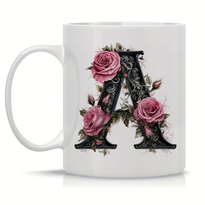 Tailorly White Ceramic 11 oz Mug - A Ornate Black Vintage Alphabet Decorated With Elegant Pink Roses And Leaves Mug