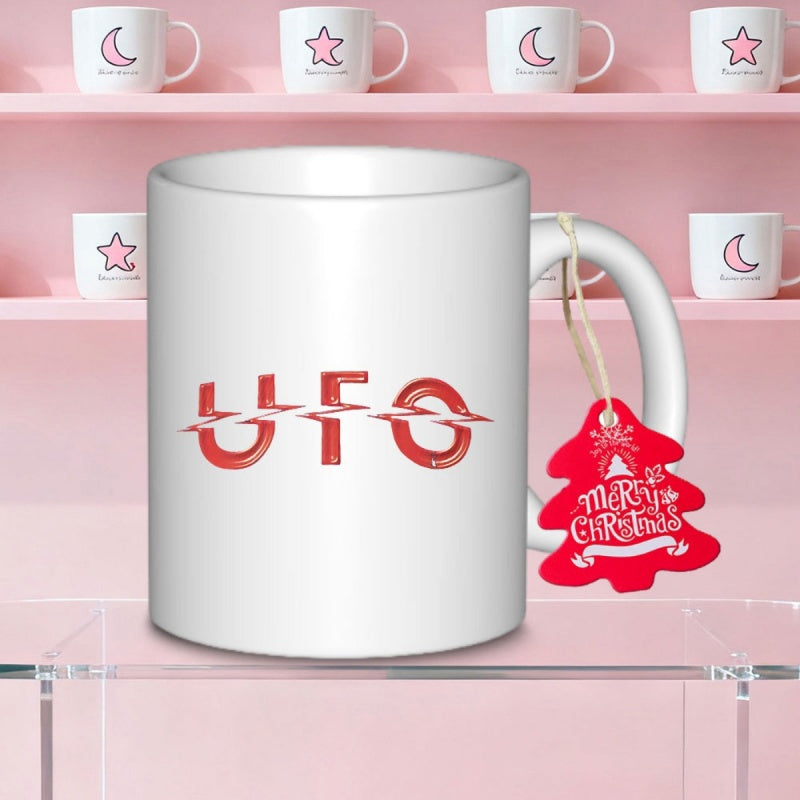 Tailorly White Ceramic 11 oz Mug - UFO Red Sliced Glitch Style Bold Futuristic Sci Fi Typography UFO
