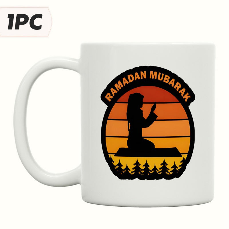 Tailorly White Ceramic 11 oz Mug - Ramadan Mubarak Serene Praying Silhouette Against Vibrant Retro Sunset With Forest Horizon Silhouette