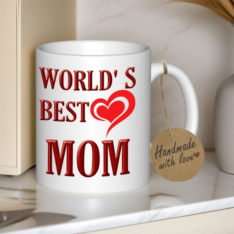 Tailorly White Ceramic 11 oz Mug - Worlds Best Mom Elegant Stylized Red Double Heart Shape Centered Among Bold Red Typography Mug