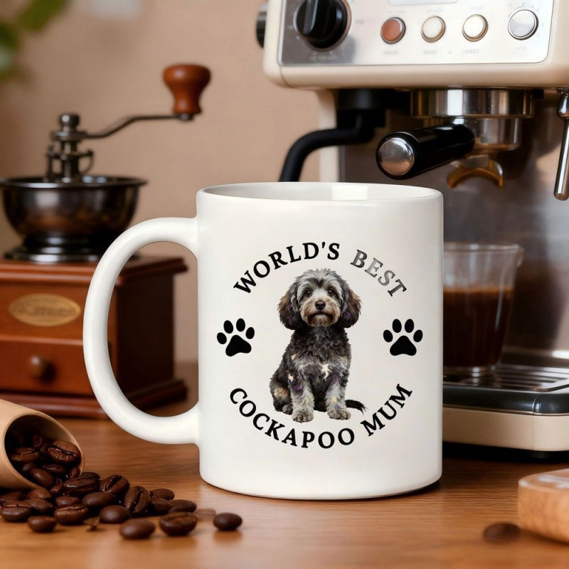 Tailorly White Ceramic 11 oz Mug - Worlds Best Cockapoo Mum Adorable Fluffy Grey Puppy Sitting Among Black Paw Prints Cockapoo