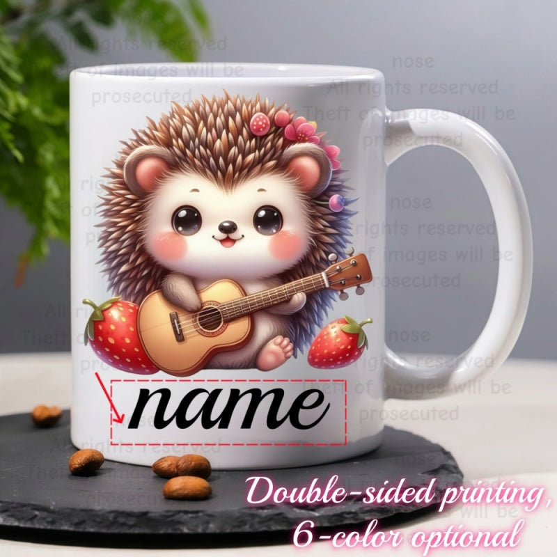 Tailorly White Ceramic 11 oz Mug - Name Cute Musical Animal Playing Guitar Among Large Red Ripe Strawberries Hedgehog