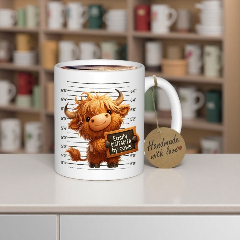 Tailorly White Ceramic 11 oz Mug - Easily Distracted By Cows Cute Fluffy Highland Cow Standing Against Height Chart Background Cow