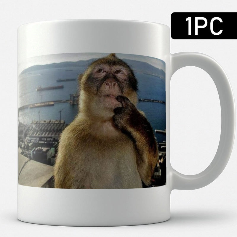 Tailorly White Ceramic 11 oz Mug - Wild Monkey Perched Near Distant Harbor Overlooking The Quiet Deep Sea Monkey
