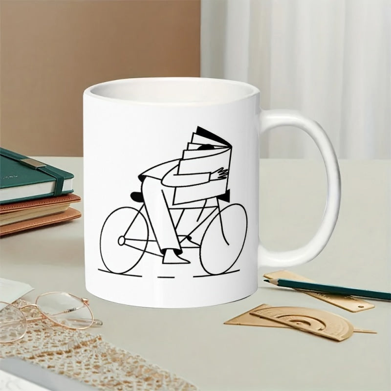 Tailorly White Ceramic 11 oz Mug - Simple Black Line Drawing Of Person Reading While Riding A Vintage Bicycle