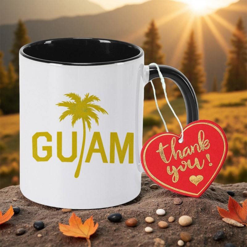 Tailorly Black Accent 11 oz Mug - palm tree yellow guam design