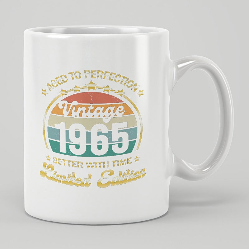 Tailorly White Ceramic 11 oz Mug - Aged To Perfection Vintage 1965 Better With Time Limited Edition Retro Sunset Design Featuring Horizontal Stripes And Faded Warm