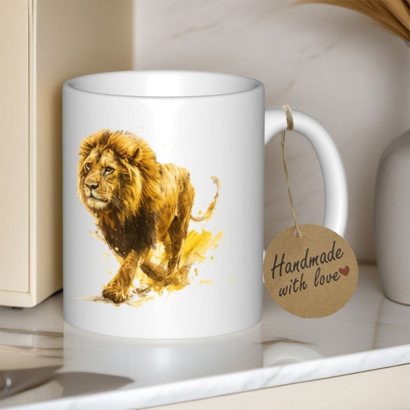 Tailorly White Ceramic 11 oz Mug - Handmade With Love Majestic Golden Mane Predator Walking Across A Sunlit Savannah Landscape Lion