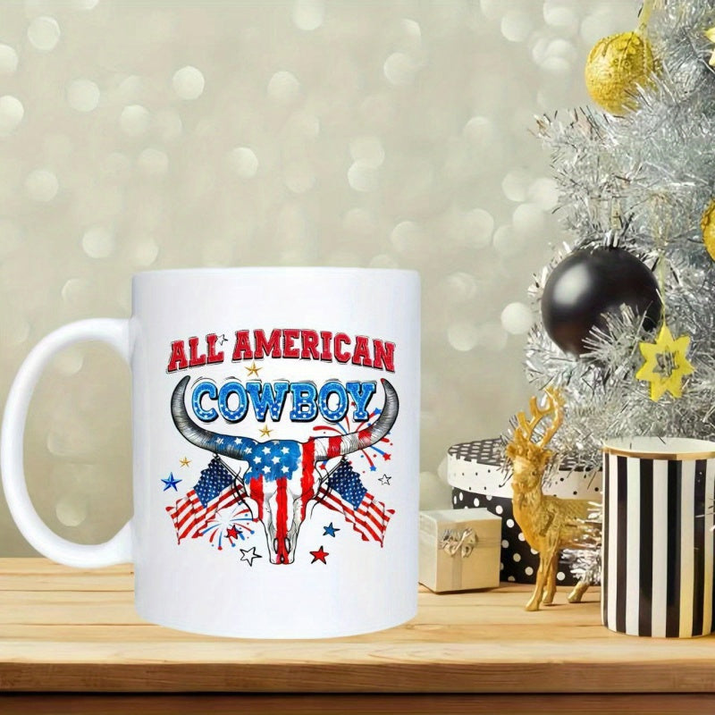 Tailorly White Ceramic 11 oz Mug - All American Cowboy Patriotic Steer Decorated With American Flags And Bright Stars Skull