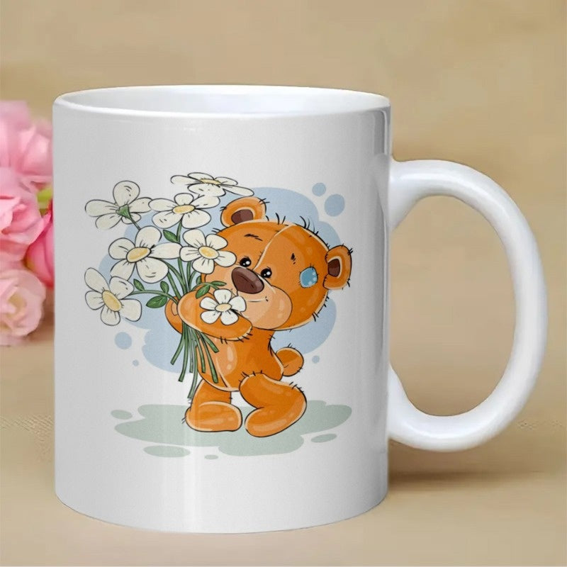 Tailorly White Ceramic 11 oz Mug - Adorable Small Brown Teddy Among Blossoming White Spring Daisy Flowers Bear